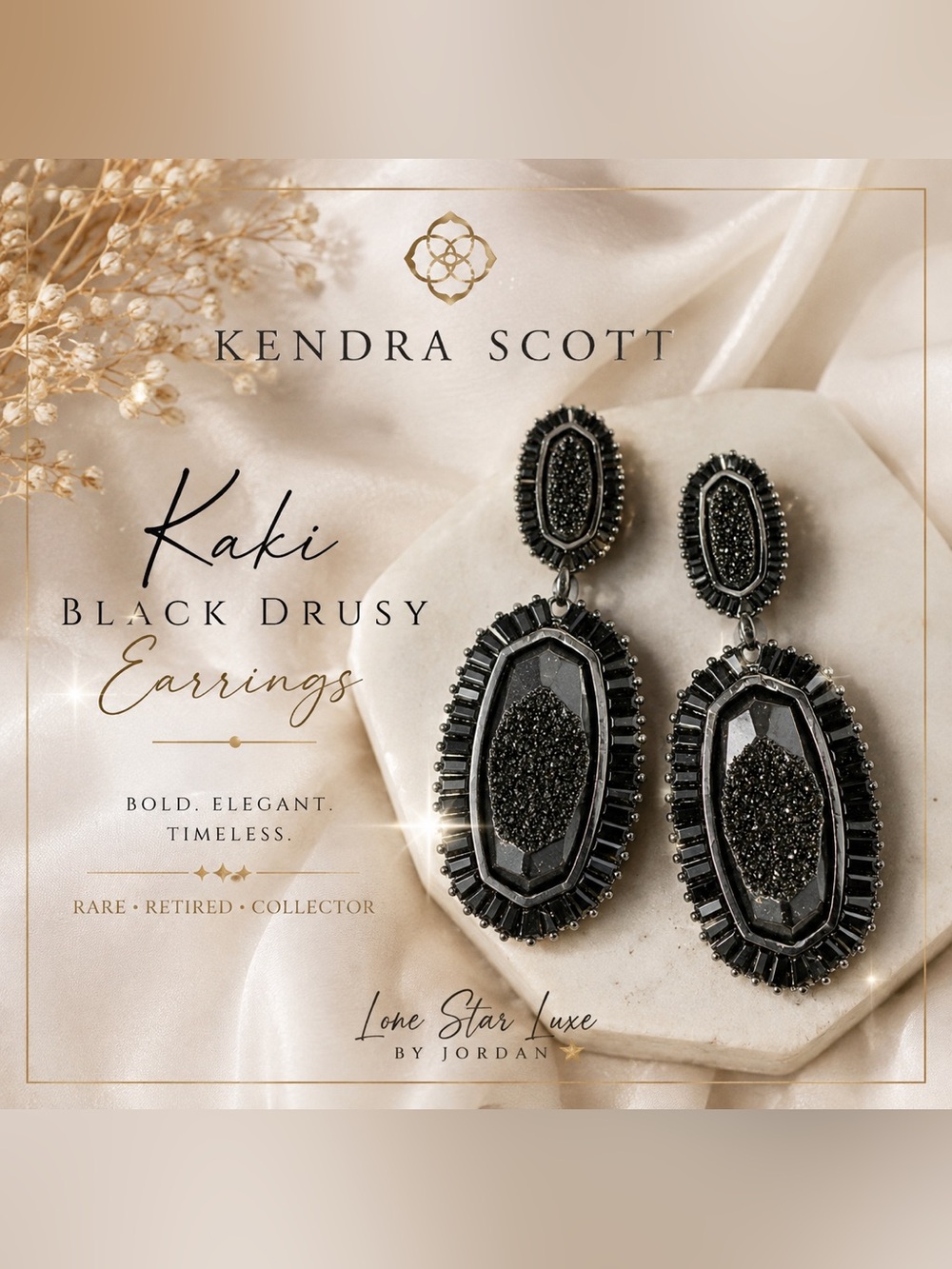 Kendra Scott Luxe Kaki Black Drusy Statement Earrings Gold Rare Glam